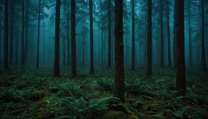 Fototapeta premium Gloomy spooky foggy dark forest landscape Mysterious horror forest background 3D illustration 879