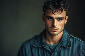 Obraz premium A young man with tousled hair and intense blue eyes, wearing a denim jacket, gazes thoughtfully.