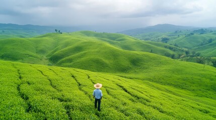 Fototapeta premium Lush Green Tea Plantation Landscape with Person Wearing Straw Hat Standing on Hilltop, Capturing the Serenity of Nature Under Overcast Sky