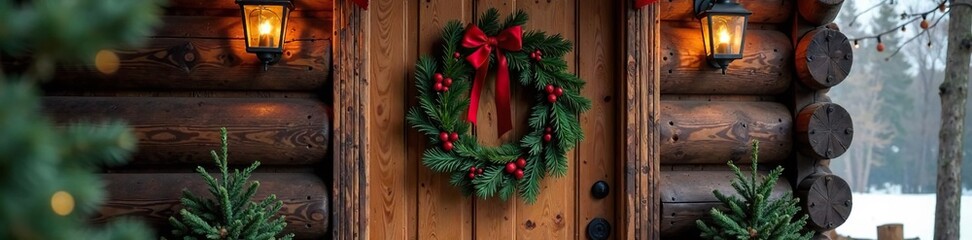 A beautiful Christmas wreath adorning the door of a rustic wooden cabin, calm and quiet, wooden door
