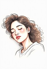 Serene Profile of a Sleeping Woman with Curly Hair: Minimalist Pastel Sketch Radiating Confidence and Peace
