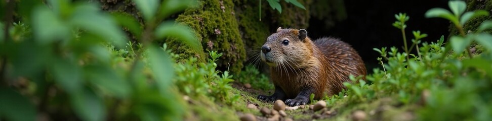 Naklejka premium A beaver is concealed in the underbrush of a forest, bush, animal hideout