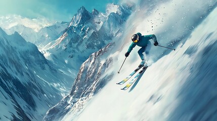 Skier Gliding Down Snowy Mountain Slope with Precision and Soft Pastel Hues