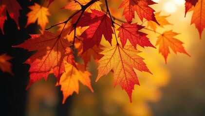 Obraz premium A beech tree's leaves are painted with warm shades of orange and red, golden hour, autumn colours, branch