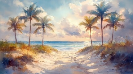 Obraz premium Watercolor Painting of Tropical Beach Scene with Palm Trees and Ocean