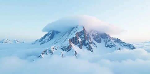 A big cloud of fog surrounds the snowy peak of a mountain, whiteout conditions, wintry scene, natural wonder