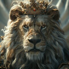 Majestic lion, crowned in gold, his powerful gaze and magnificent mane command attention. A symbol...