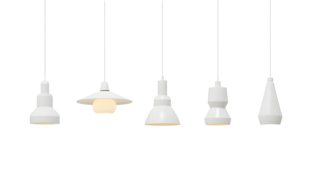 Set of different modern hanging lamps on white background.