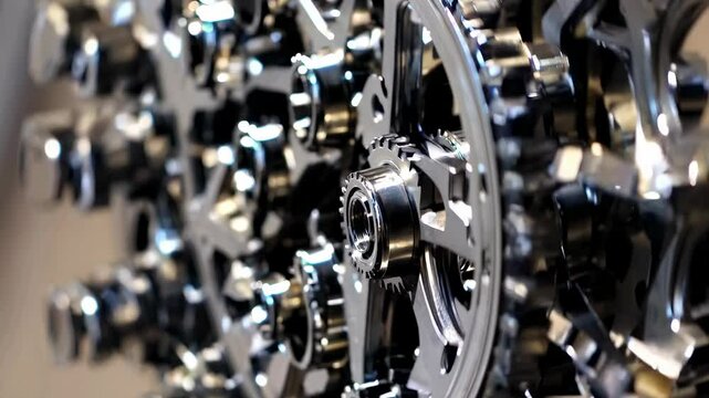 Mechanical close-up with reflective gear parts, glass shards overlay on industrial background, for mechanical design or advertising