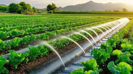 A lush green farm field with an irrigation system spraying water across rows of leafy vegetables under a bright sky.