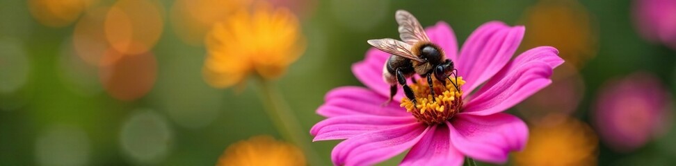 A black honeybee sips nectar from a bright pink flower, pollinator, botanical beauty