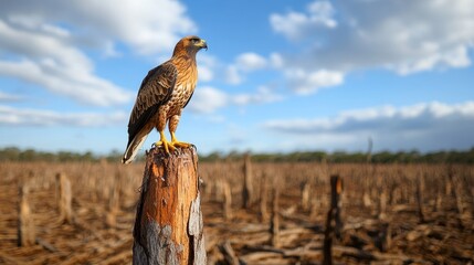 A majestic hawk perched on a tree stump in a barren field under a bright blue sky with scattered clouds.