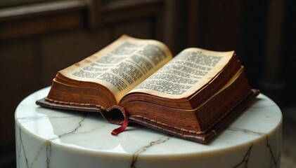 Ancient leather-bound bible on a white marble pedestal, pedestal, ancient