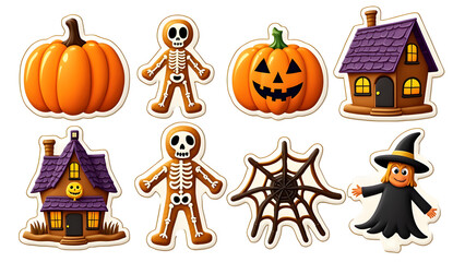Collection set of cookies hats, bats and pumpkins on the white background, spooky Halloween sweets .