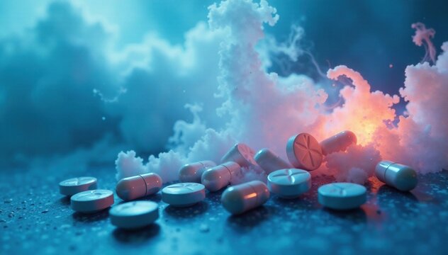 A blue and white misty veil of pills wafts through the air with a wistful tone, pills, nostalgia, elegiac