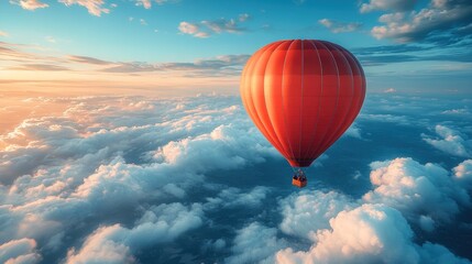 Fototapeta premium Red hot air balloon floats above clouds.