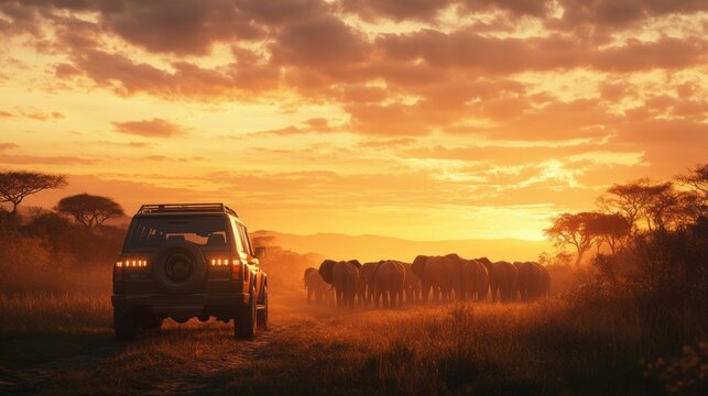 A safari car parked beside a herd of elephants in iMfolozi Park, with the animals close enough to be admired. The warm light of the African sunset enhances the scene,