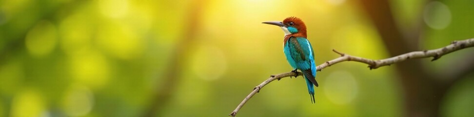 Fototapeta premium A blue bearded bee eater perched on a thin branch in the sun, tree branch, blue bearded bee eater, outdoor scene