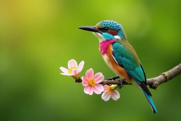 Fototapeta premium A blue bearded bee eater perched on a thin branch with flowers, avian wildlife, feathers, flowers