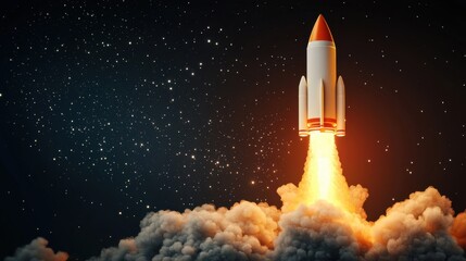Naklejka premium 100 day school. Rocket launching into space with flames and smoke against a starry background.