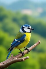 Fototapeta premium A blue tit perched on a thin branch with the Tuscan hillside in the background, Italian countryside, outdoor scenery, blue tit