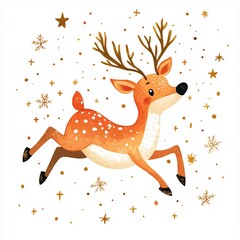 Joyful Reindeer Soaring Through Starry Skies in Whimsical Cartoon Style