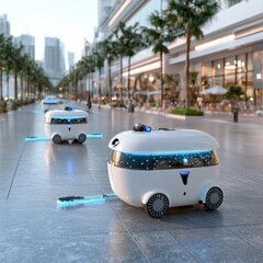 Obraz premium Futuristic Delivery Robots on Urban Street with High-Rise Buildings
