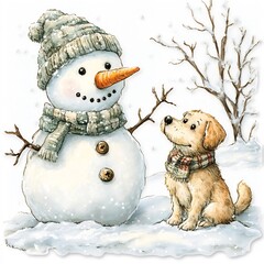Adorable Snowman and Snow Pup Playing Together in Snowy Yard