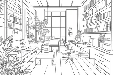 Office background with abstract elements such as office chairs and desk items.  A minimalist office space with white walls, simple furniture, and clean lines. The desk is clutter-free, line art vector
