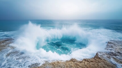 Fototapeta premium A Stunning Ocean View Featuring Powerful Waves Crashing into a Rocky Cove, Highlighting the Natural Beauty of the Seascape at Dusk