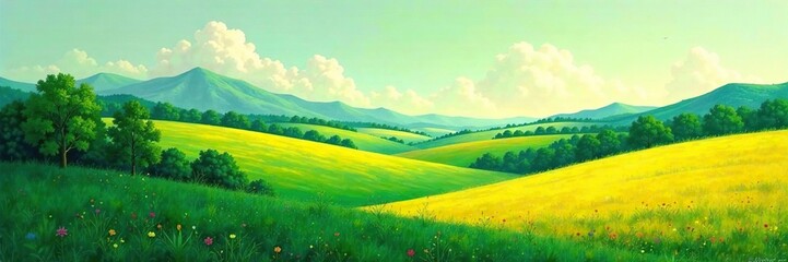 Abstract expressionist landscape with bold green and yellow hues, art, bold, landscape