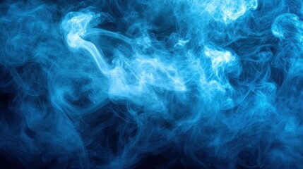 Abstract blue smoke swirls on black background. Ideal for designs needing a mystical, ethereal, or smoky feel.