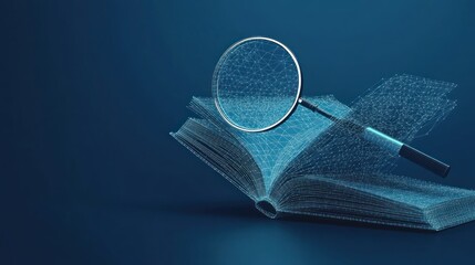 Blue background with books and magnifying glass