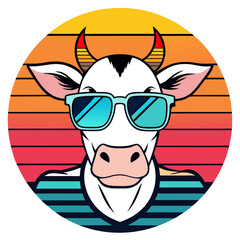 Cool Sunset Cow with Sunglasses Illustration for T-Shirt Designs in Retro Vintage Style