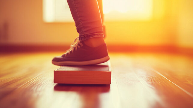 Person performing step exercise on wooden floor with focus on balance and movement, fitness and agility training concept.
