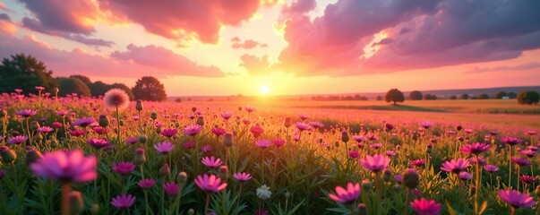 Fototapeta premium a vast expanse of sun-kissed flowers and tall grasses against a stunning sunset sky, pink, field, wildflowers