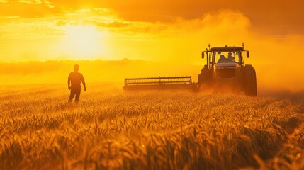 Fototapeta premium Silhouetted farmer in golden wheat field, tractor harvesting at sunset. Depicts agriculture, harvest, rural life; ideal for farming, food, and nature themes.