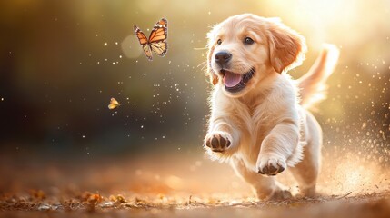 Whimsical golden retriever puppy leaps for butterfly in sunlight