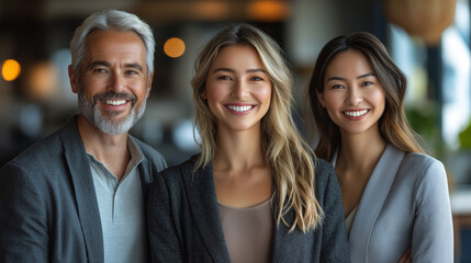 Fototapeta premium A joyful group family portrait of mixed-race couple and their daughter, showcasing diversity, inclusion, warmth, and confidence in a modern and welcoming environment.