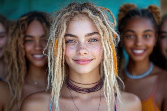 Diverse group of happy college friends standing in front of a bright blue wall on campus