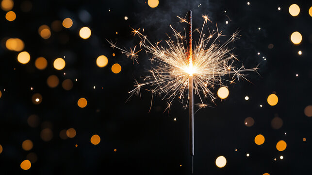 Sparkler Magic: A single sparkler burns brightly against a backdrop of warm bokeh lights, creating a magical and festive atmosphere.