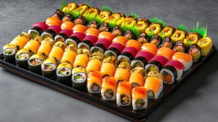 A colorful sushi platter with space on the right side for text, featuring a variety of sushi rolls, nigiri, and sashimi arranged elegantly on a sleek serving tray. The fresh ingredients and 