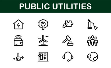 Public Utilities Icon Pack. Clean, Editable Line Icons for Energy, Water Supply, Waste Management, and Urban Infrastructure
