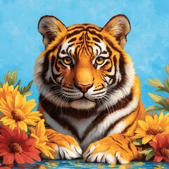 Obraz premium Tiger majestic portrait jungle setting digital artwork vibrant flora close-up view wildlife conservation concept