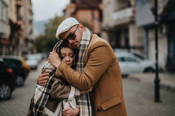 A loving couple wrapped in scarves shares a tender moment outdoors. The cityscape provides a charming backdrop to their intimate hug, capturing a sense of warmth and connection in the chilly weather. - Powered by Adobe