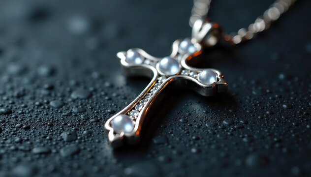 A crucifix pendant in silver with crystal pearls surrounding the cross, plata, perlas de cristal, cristalino