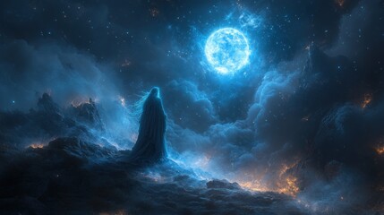 Fototapeta premium Ethereal figure, moonlit, rocky landscape, starry night.