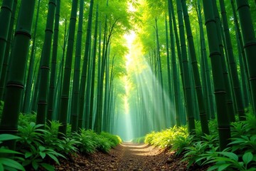 Fototapeta premium Bamboo forest with tall trees and dappled sunlight filtering through, peaceful, forest