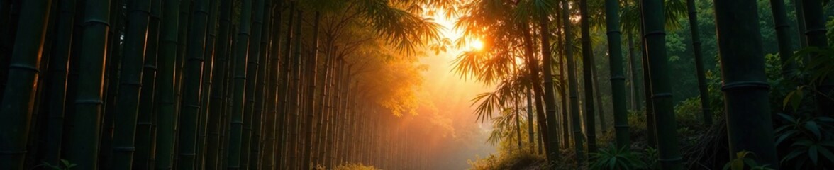 Bamboo grove at dusk with warm colors and shadows, forest atmosphere, serene ambiance, peaceful twilight