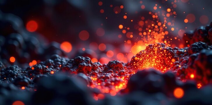 Abstract red sparks floating on a pool of bubbling lava, lava particles, hot lava, volcanic energy